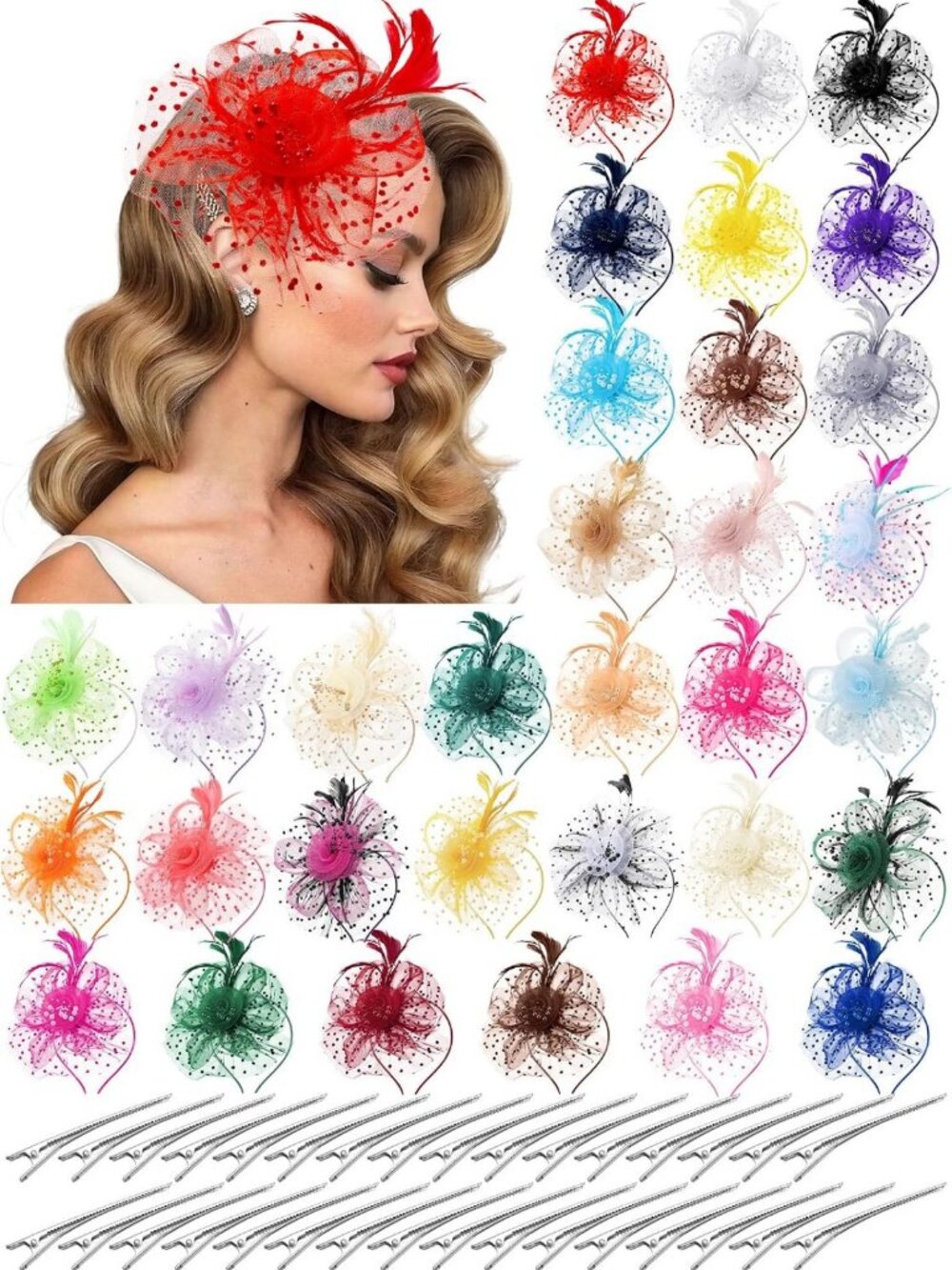 32 Pcs Elegant Fascinator Hats for Women - Flower Mesh Headbands & Clips for Tea